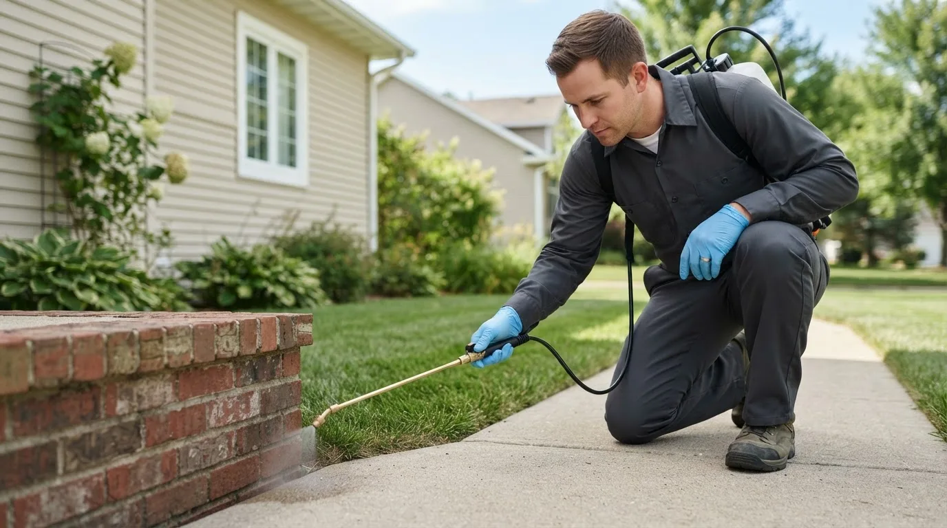Pest control technician treating a home near Floris, IA