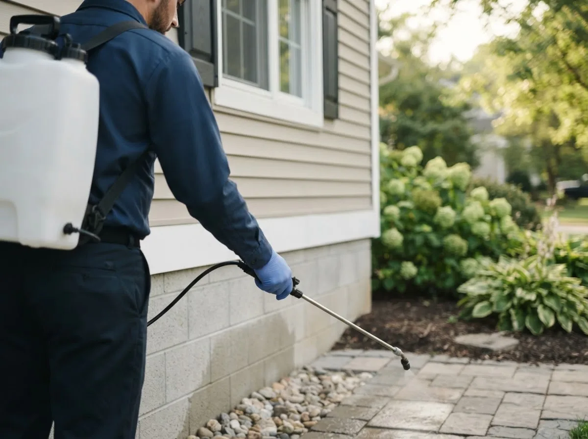 Pest control technician inspecting a home in Floris, IA